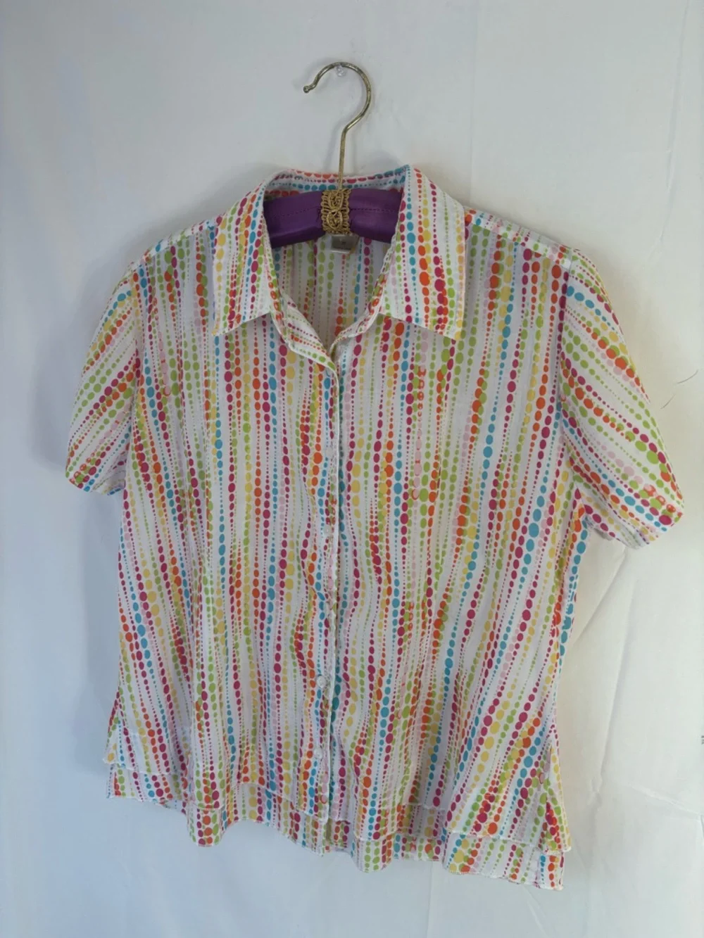 Cotton Blend White Rainbow Polka‎ Dot Lightweight Boho Short Sleeve Button Up M